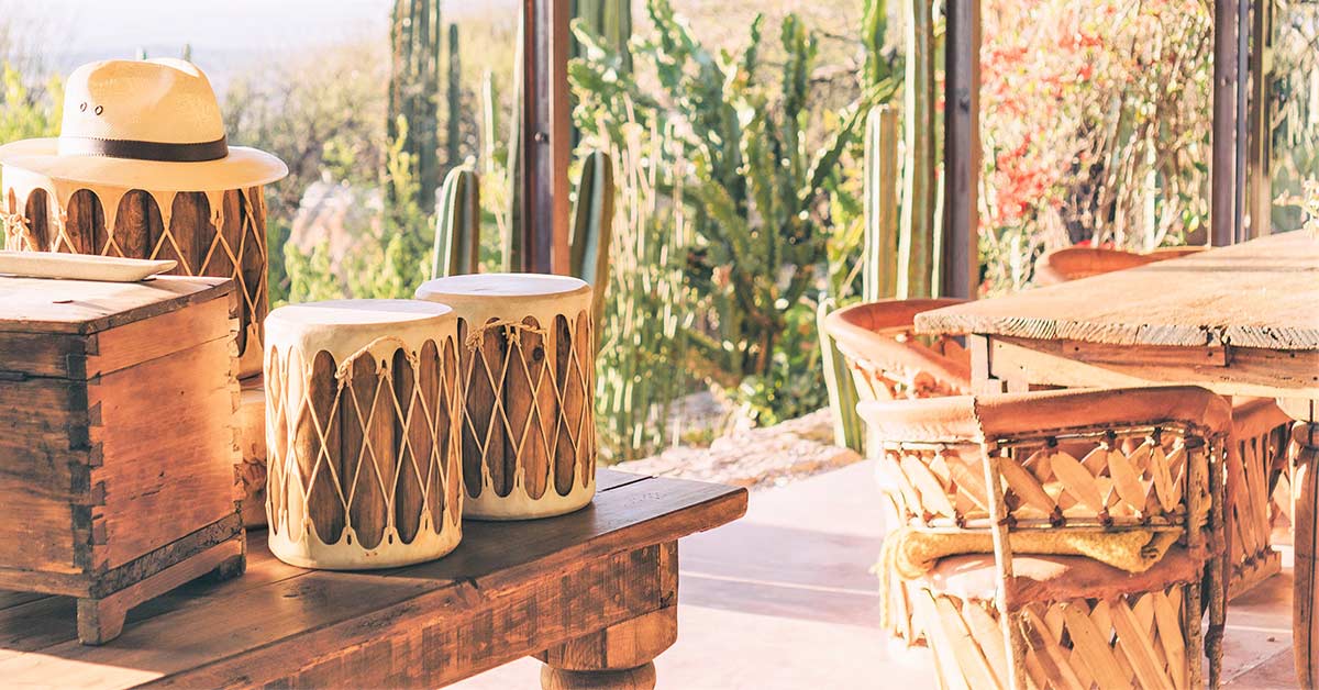 Wooden instruments and furniture in sunny room.