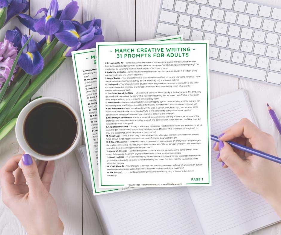 Preview of 2-page printable creative writing prompts for March over image of keyboard and woman writing in journal while holding coffee.