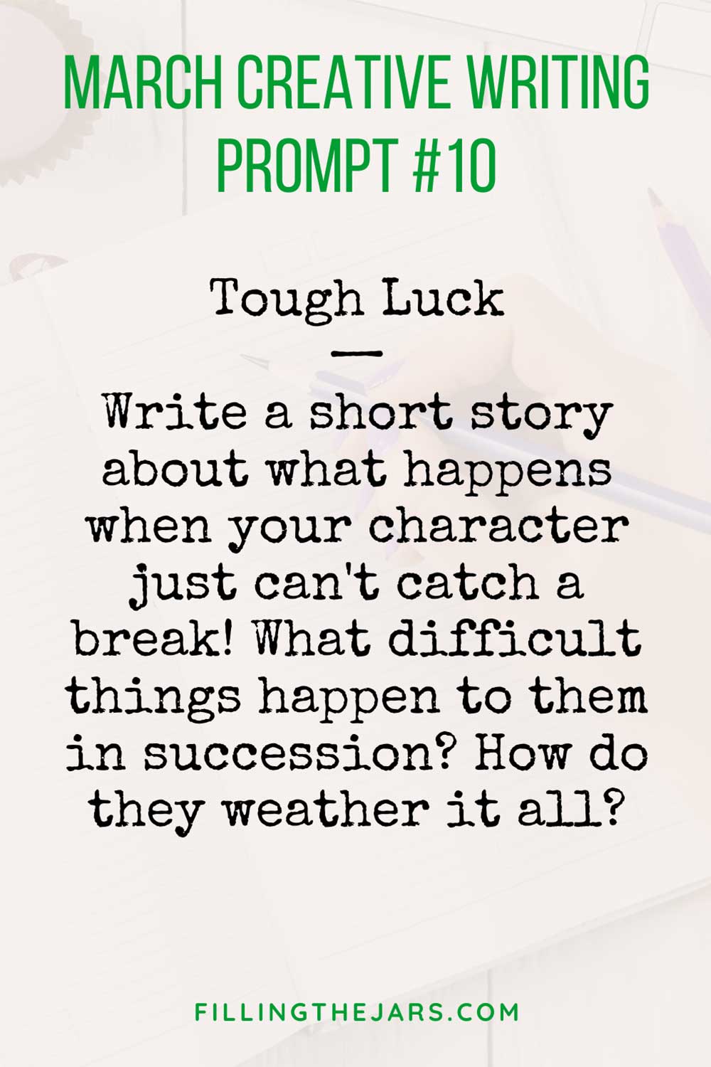 Writing prompt for March in green and black text on light background.
