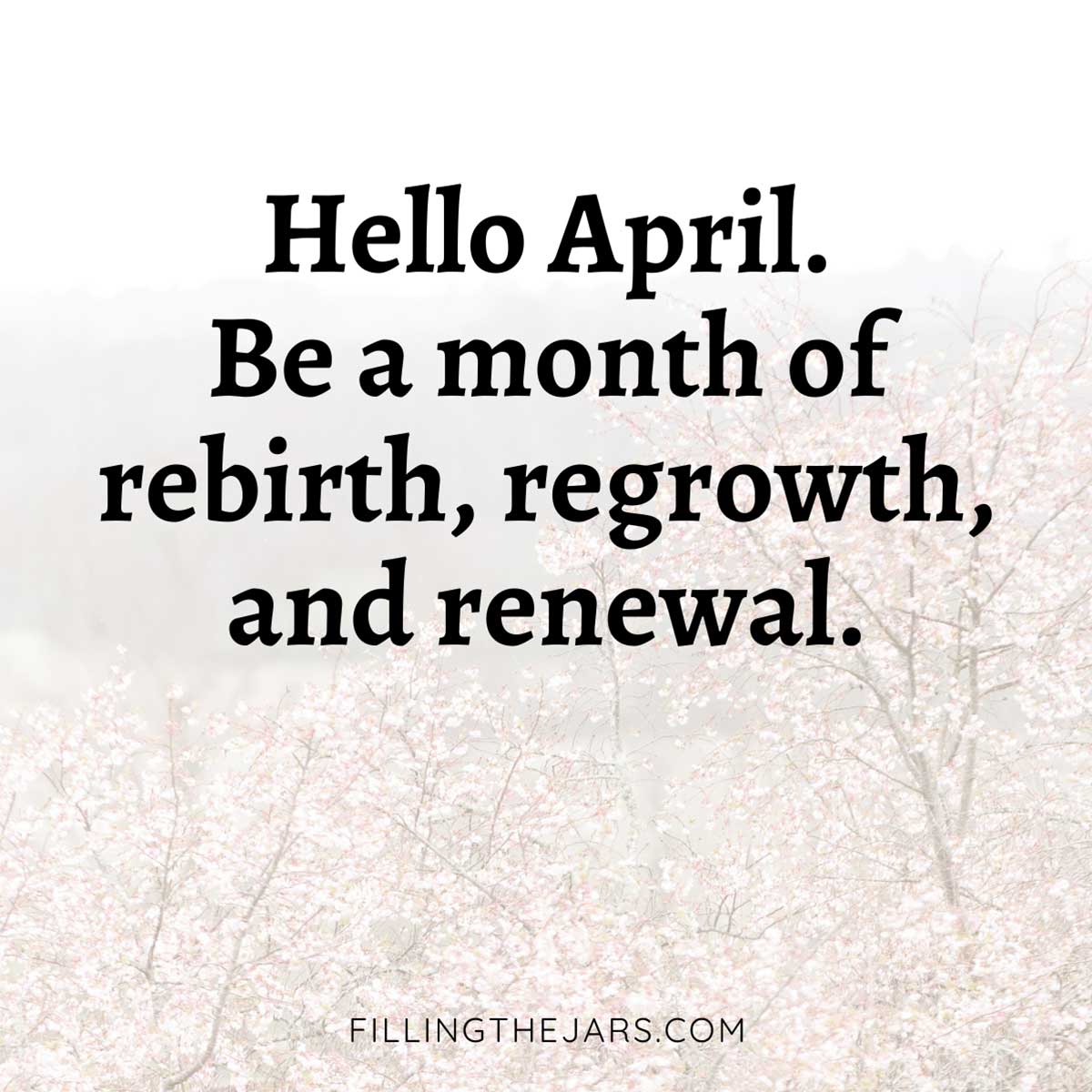 Hello April quote in black text on faded background image of spring flowering trees.
