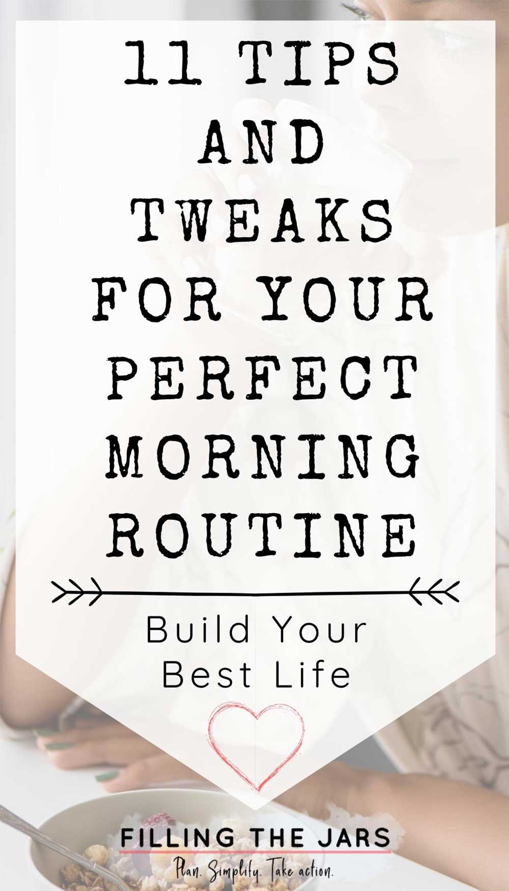 Text tips and tweaks for your perfect morning routine on white background over image of young black woman drinking from a glass while sitting at a breakfast.