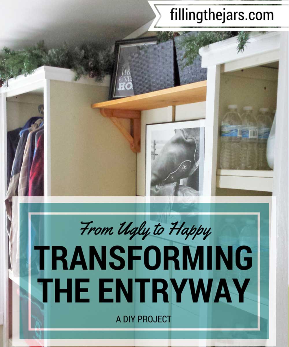 Text transforming the entryway on turquoise background over image of DIY updated mudroom with farmhouse style.