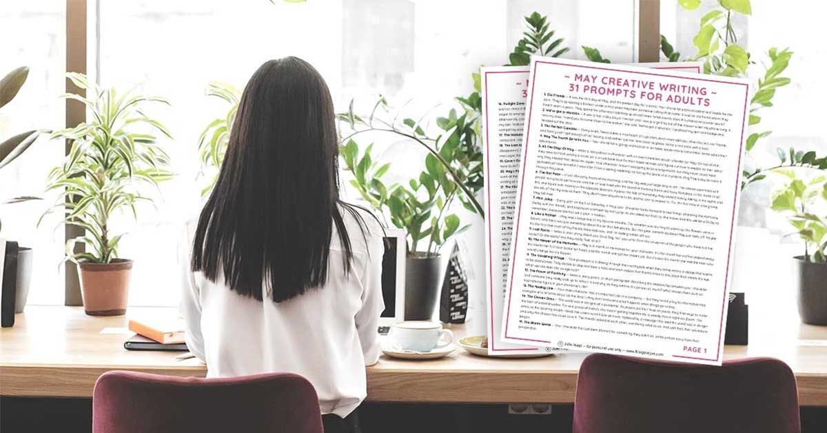 Woman with white shirt and black hair facing away from the camera while working at a table and surrounded by green plants overlaid by stacked prompts printable.