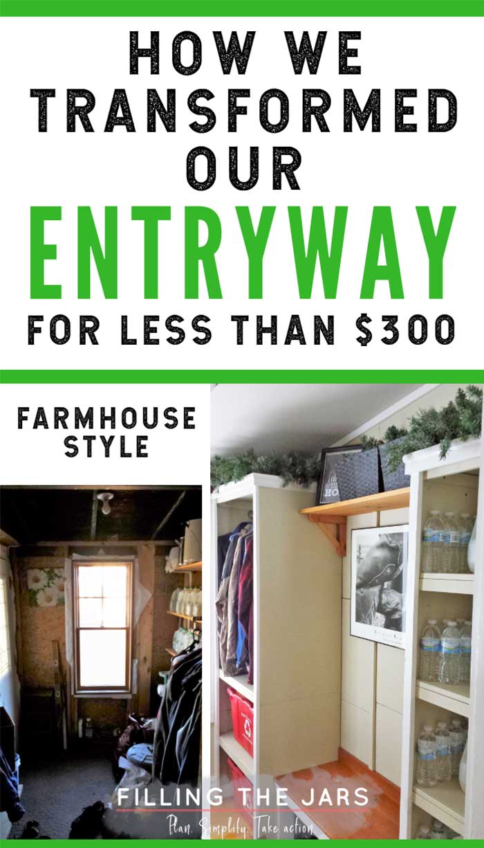 Text how we transformed our entryway for less than $300 above before-and-after mudroom images.