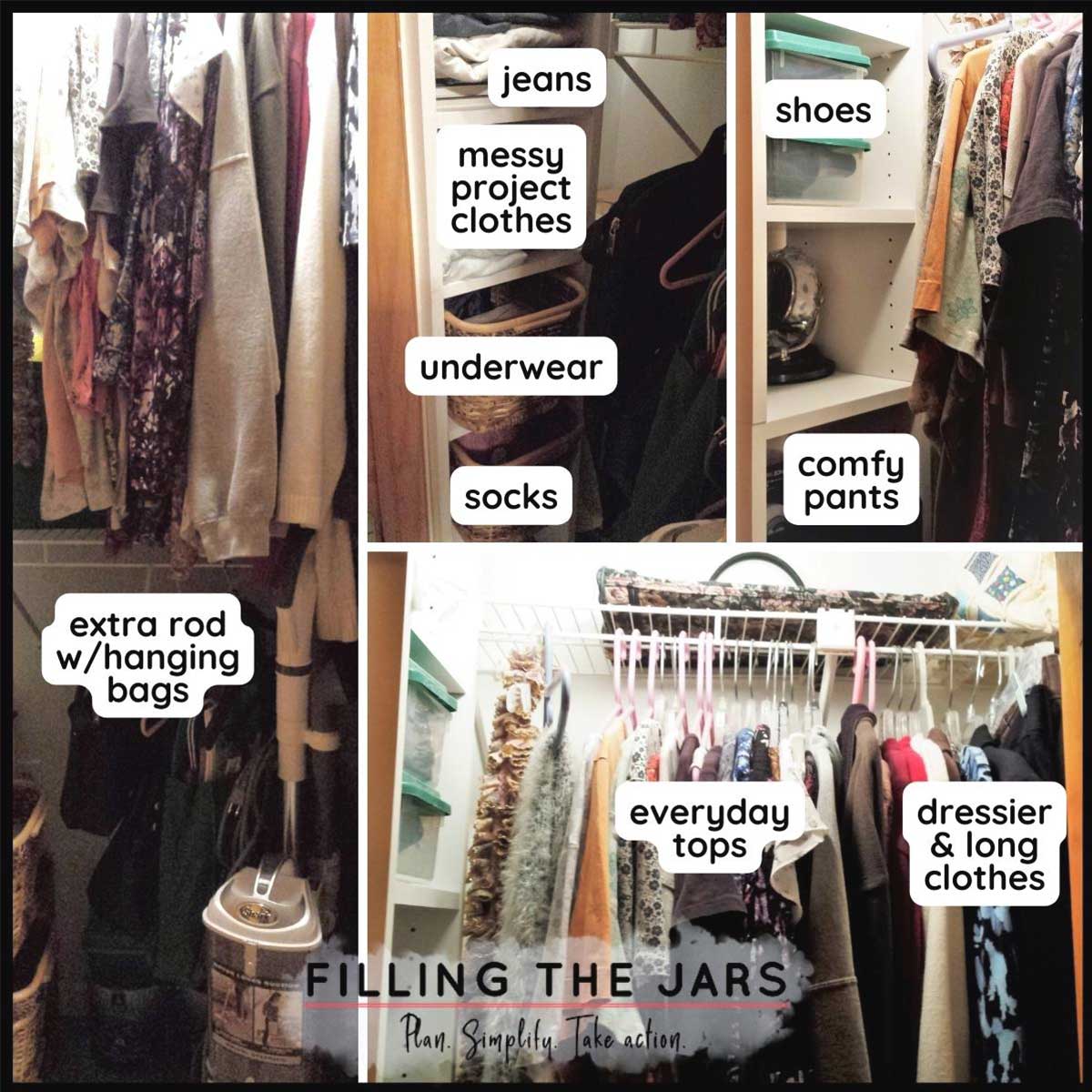 Collage of closet pictures with labels describing organized areas.