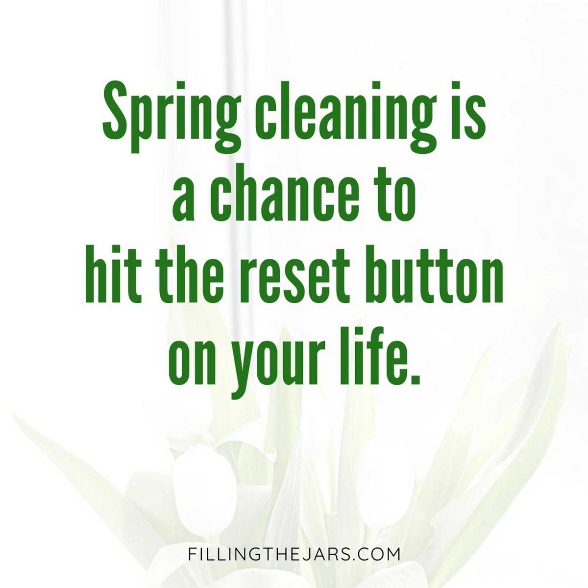 Hit the reset button on your life spring cleaning quote in green text on light background.