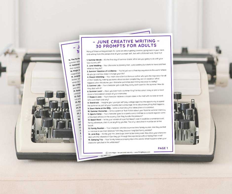 Vintage white typewriter with overlay 2-page June creative writing prompts printable preview.