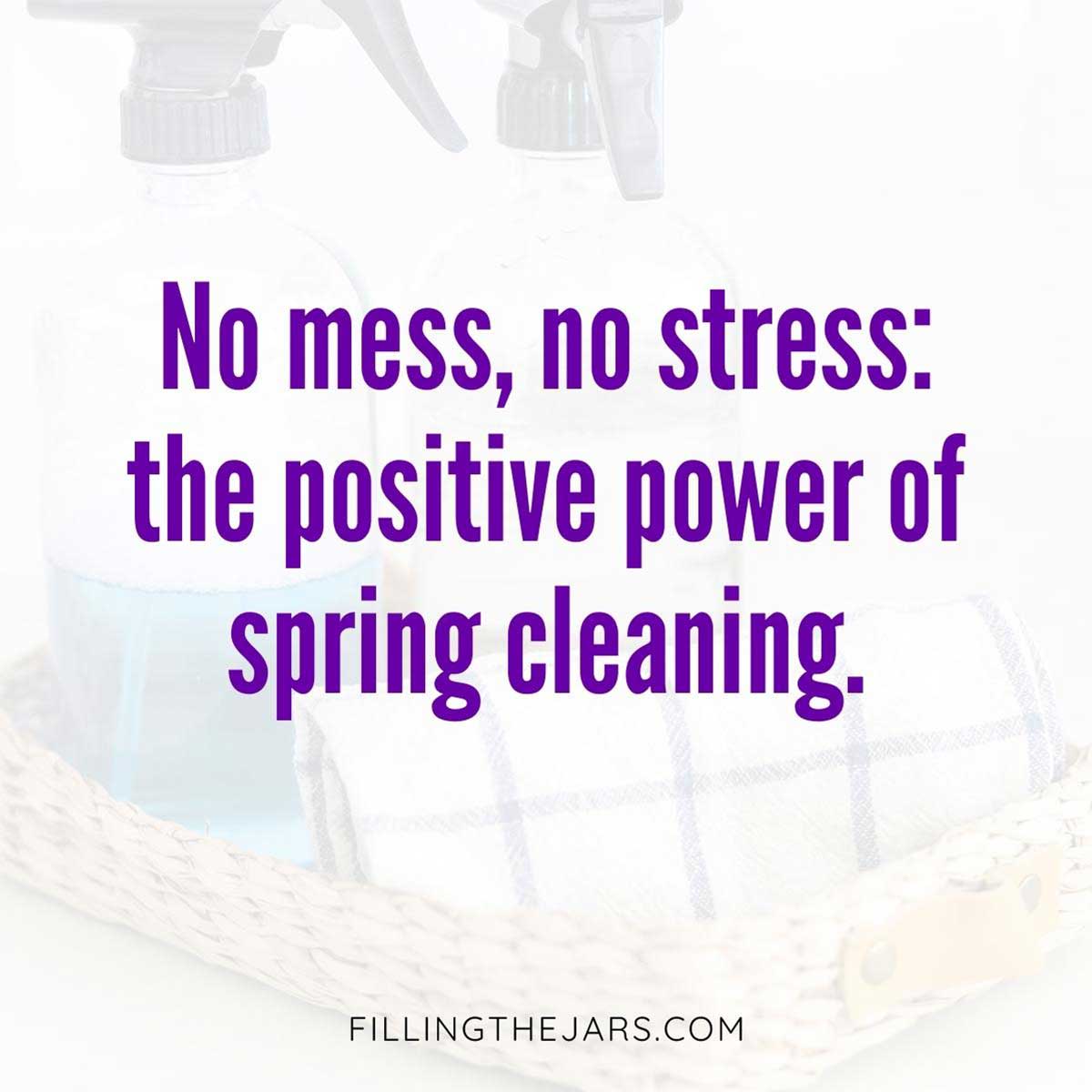 No mess no stress quote in purple text on light background.