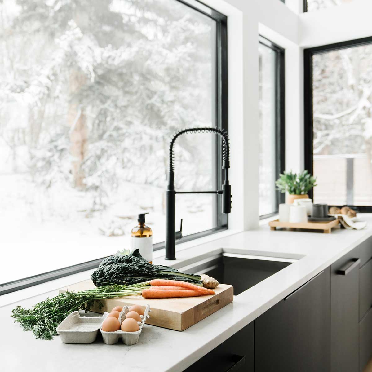 Kitchen with view of winter scenery and ingredients for winter dinner on counter.