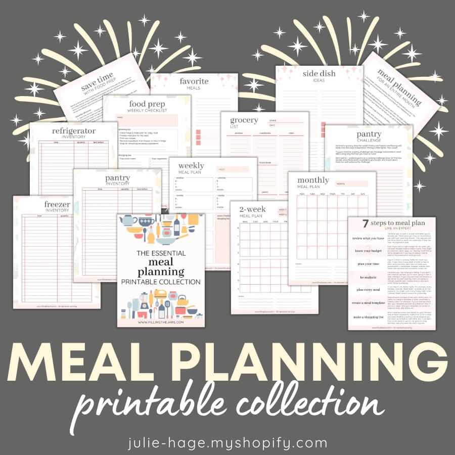 Stacked layout view of meal planning printables on dark gray background.