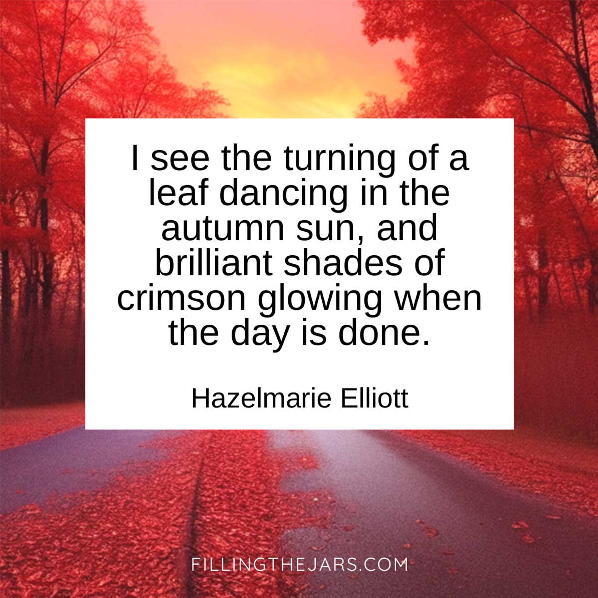 Hazelmarie Elliott crimson glowing sunset quote on white background over winding road with red autumn trees at sunset.
