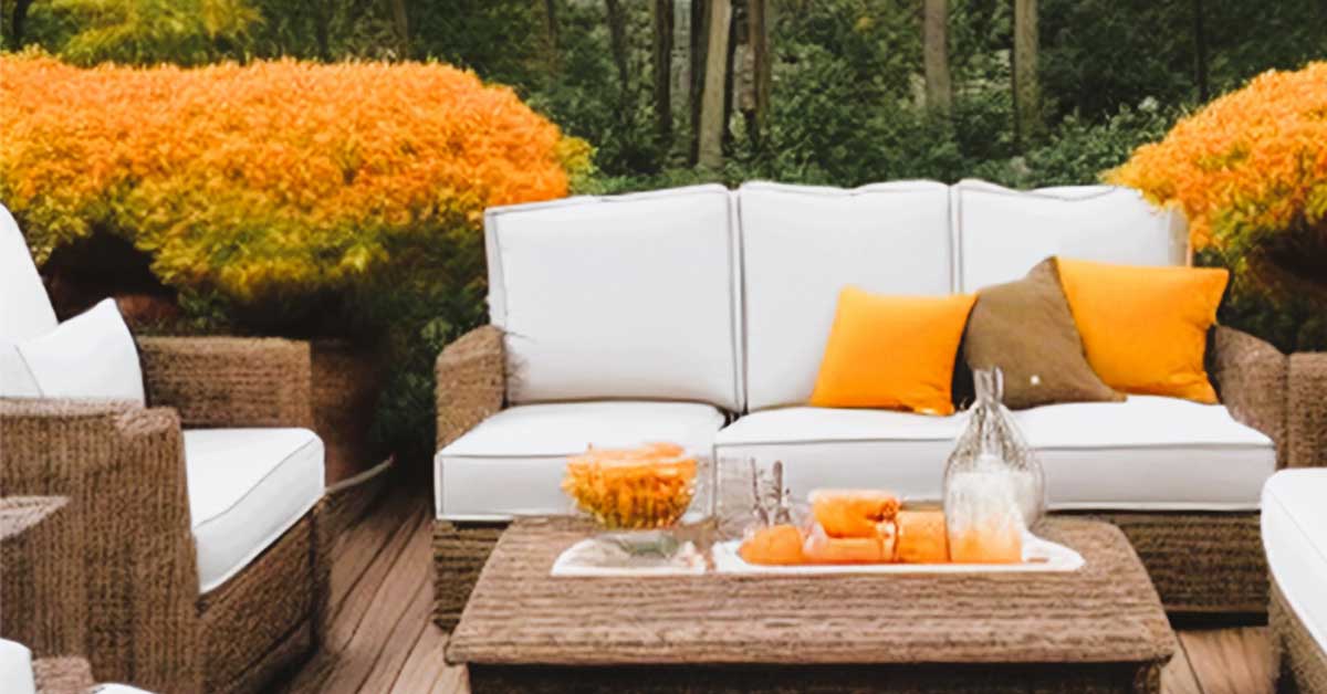 Fall outdoor scene with simple wicker patio furniture and seasonal pillows.