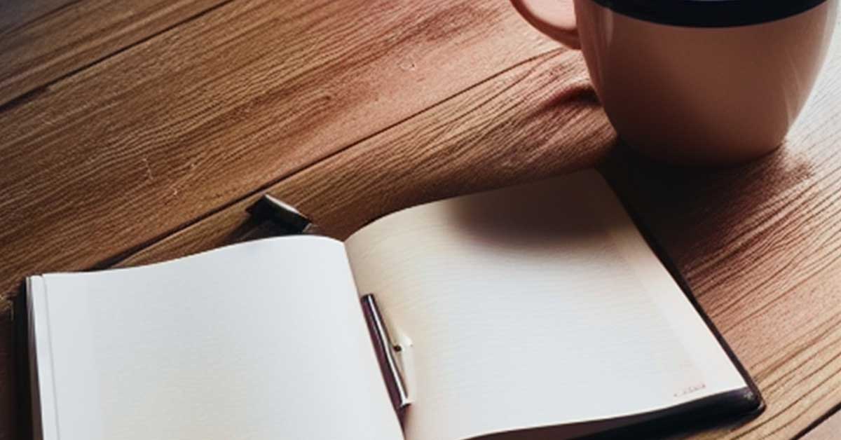 Journal and coffee mug on wood table in morning light.