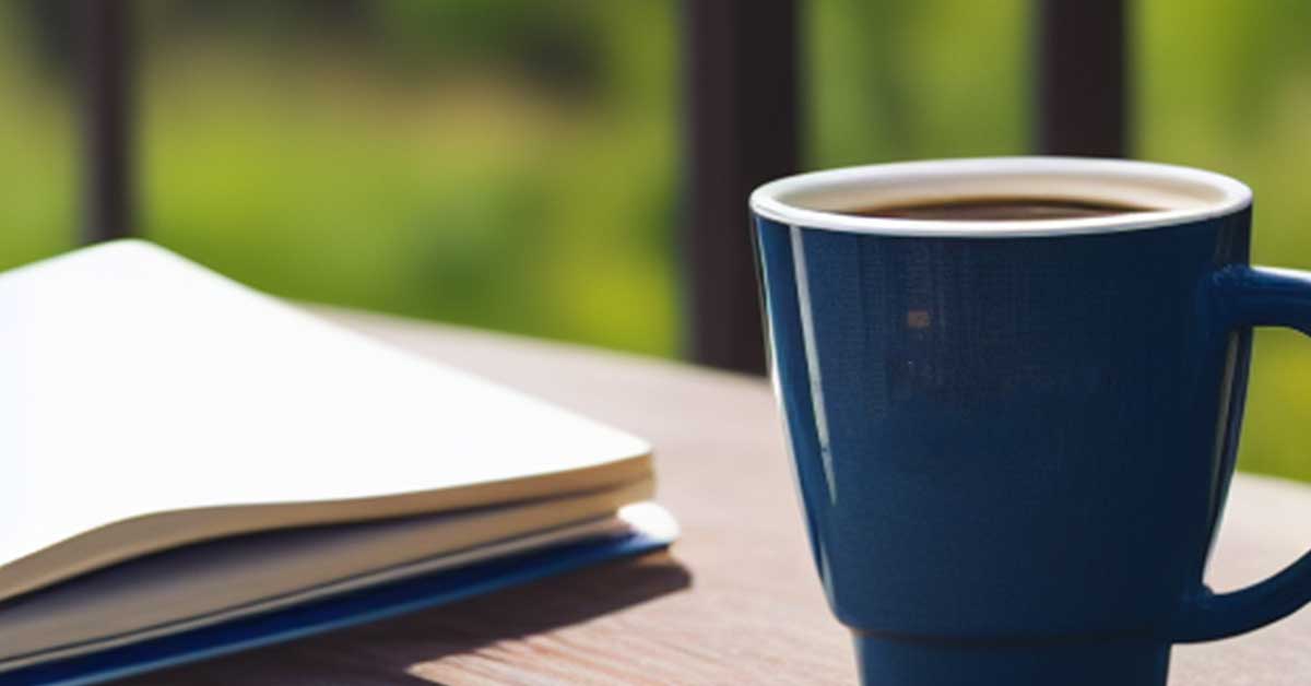 Blue coffee mug and journal on wood table with blurred outdoor background.