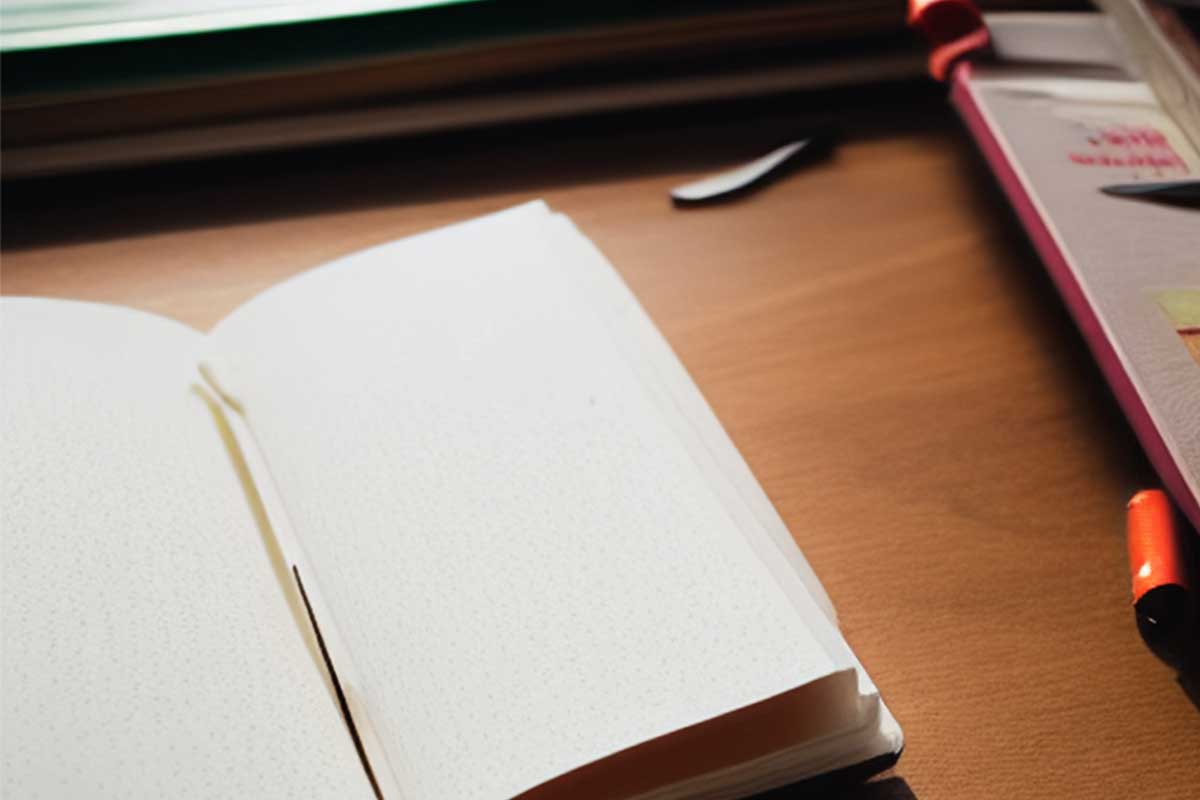 Journal and home office items on wood table.