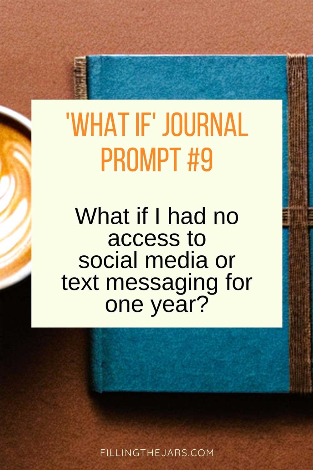 What if journal prompt about social media over background of journal and coffee mug on brown table.