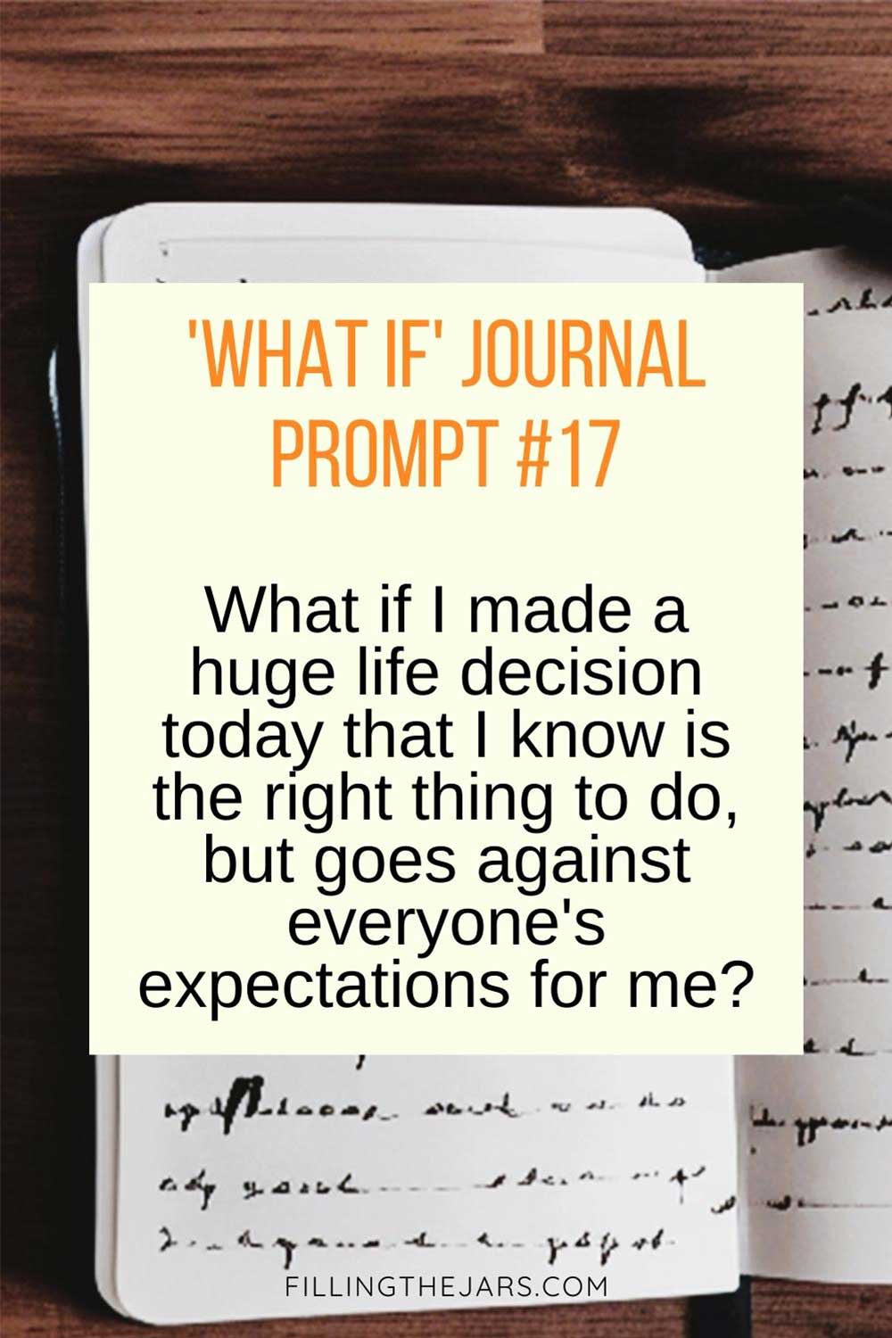 What if journal writing prompt about life decisions over background of open journal with illegible writing.