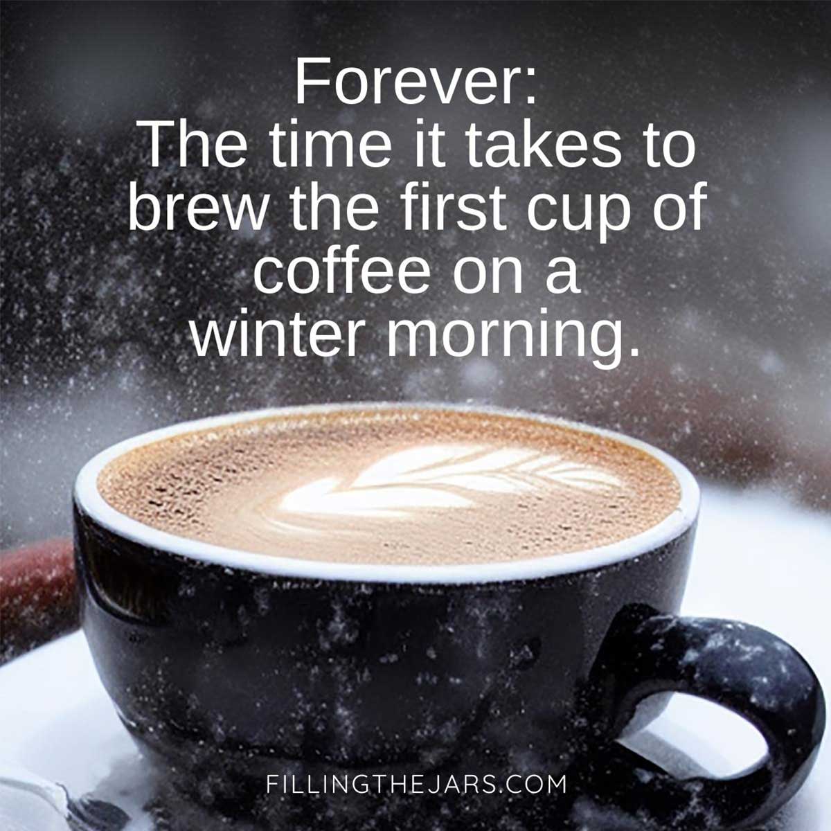 Coffee in winter quote in white text on moody winter background with coffee mug.