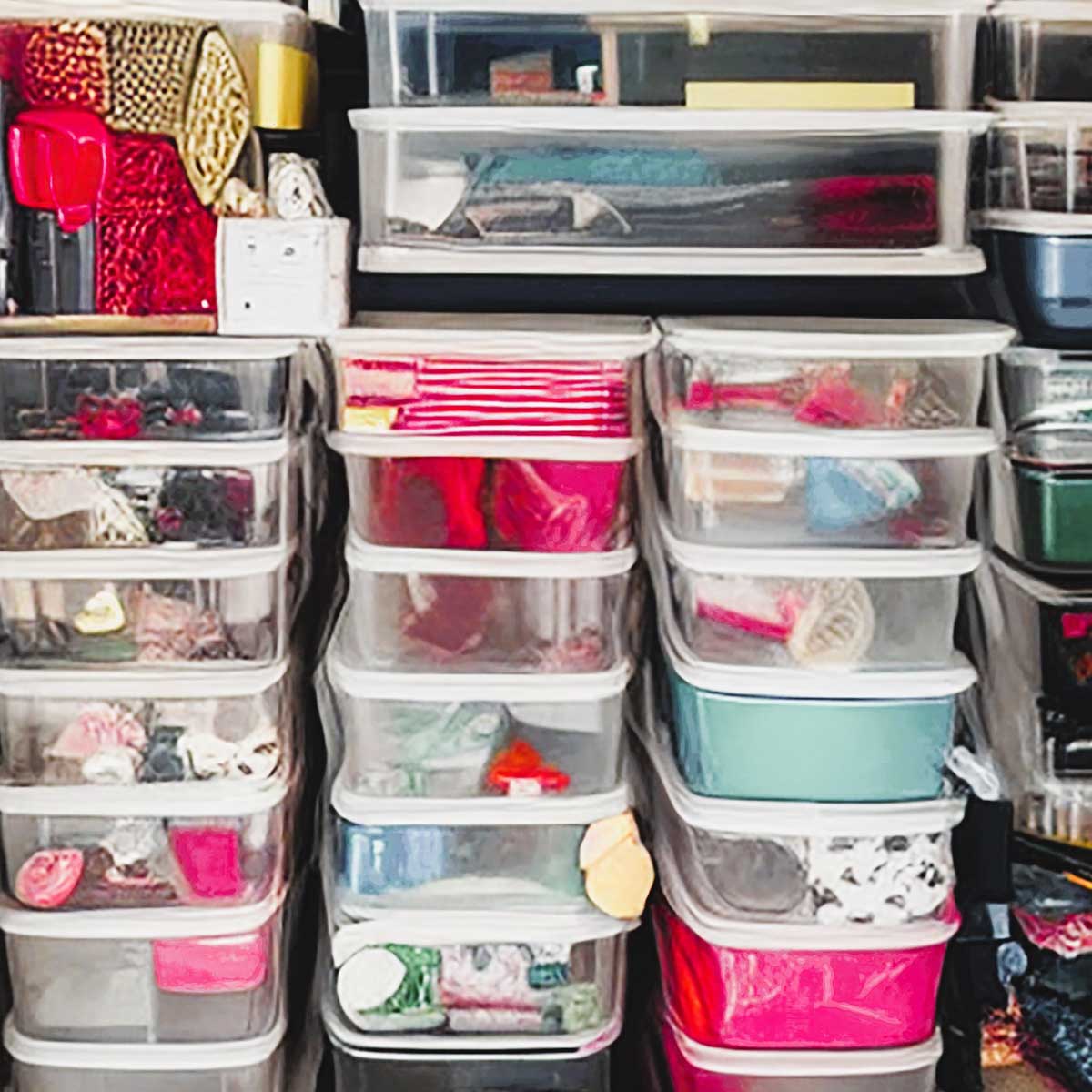 Shelves and stacked bins full of organized clutter.