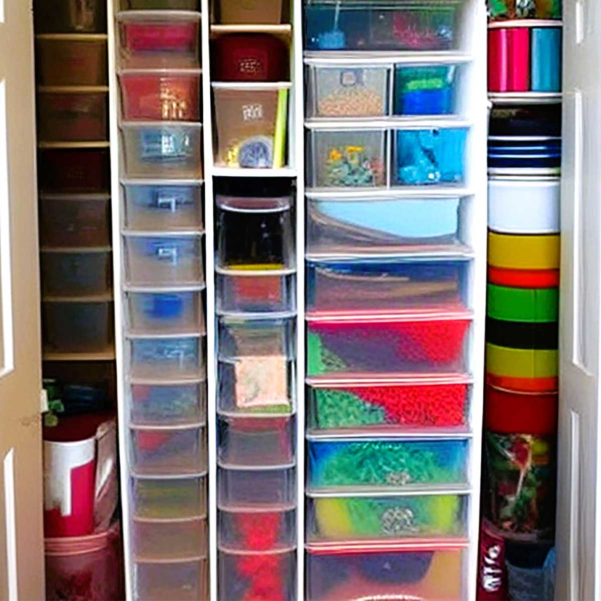 Open closet full of stacked plastic bins holding too much clutter.