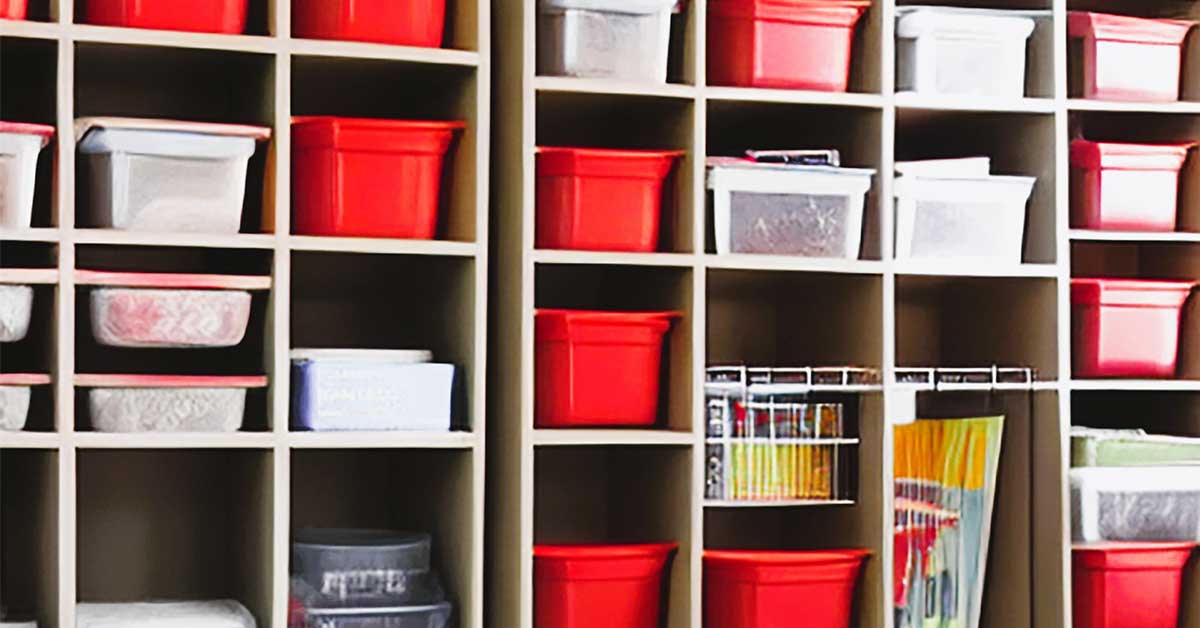 Neatly organized hoarder bins on shelves.