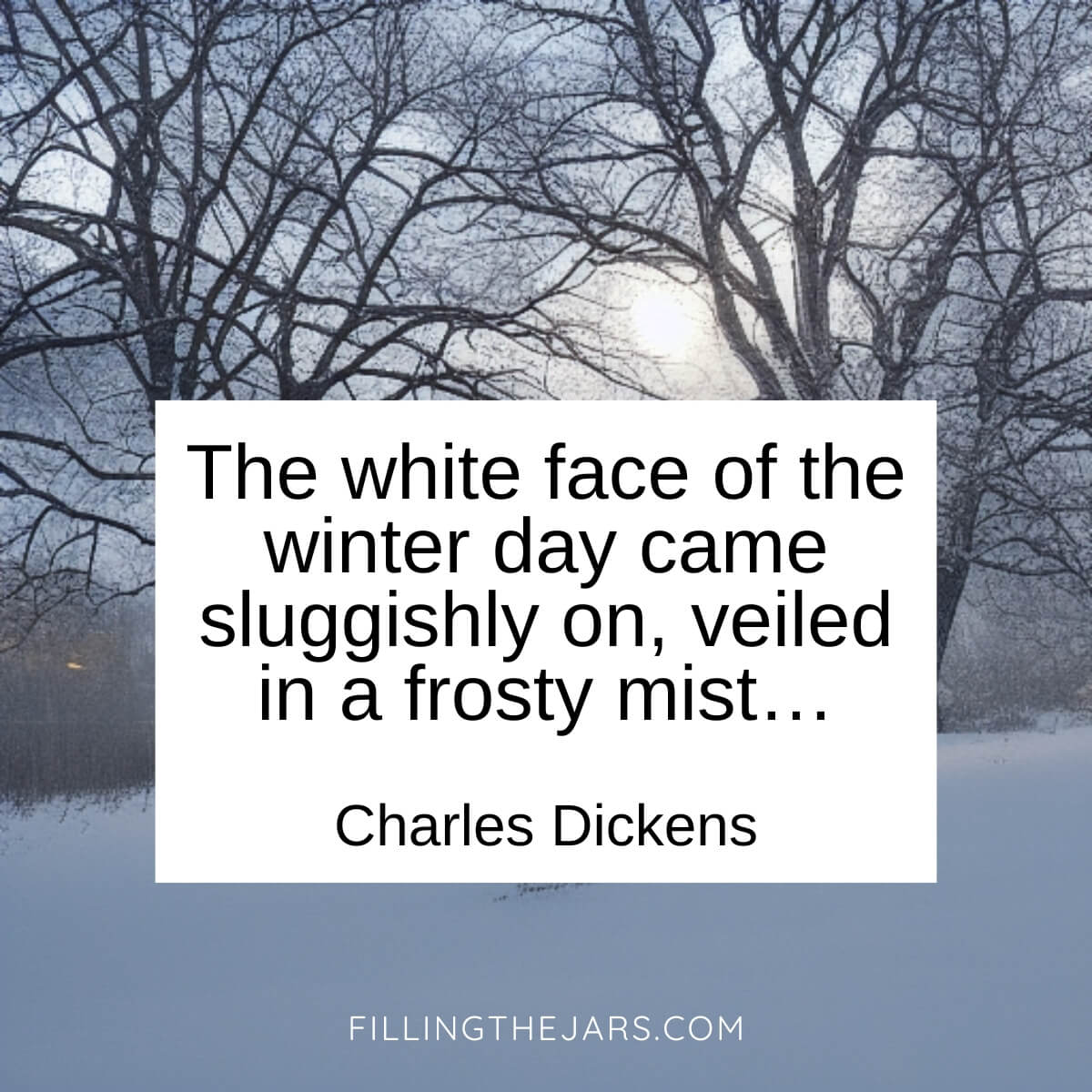 Charles Dickens face of winter day quote in black text on white background over outdoor scene of misty winter sunrise.