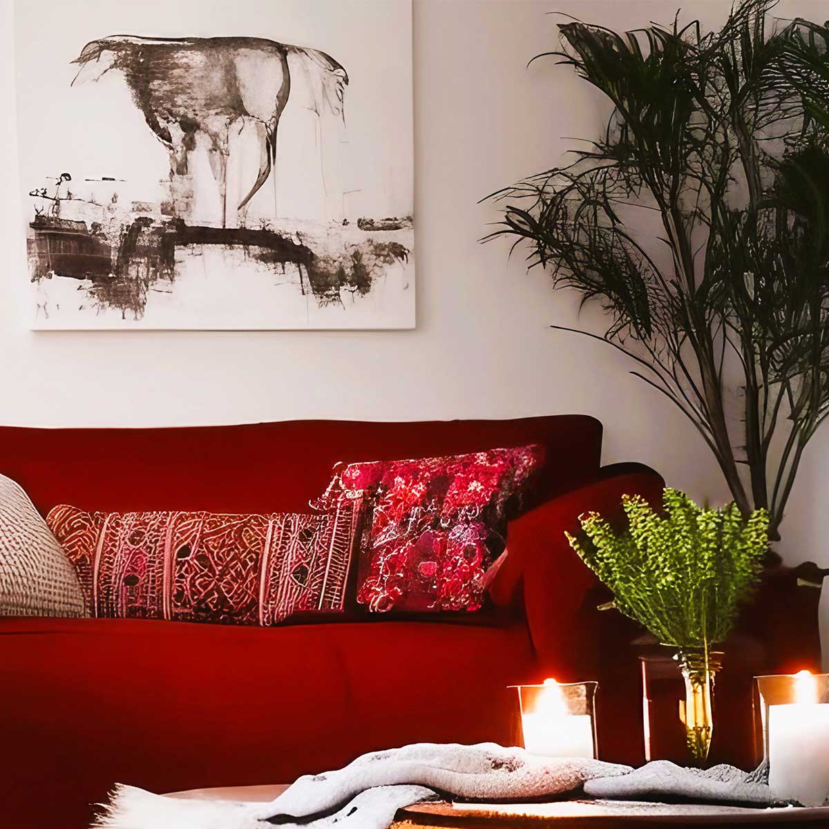 Warm red couch and pillows in living room with abstract art and candles on a coffee table.