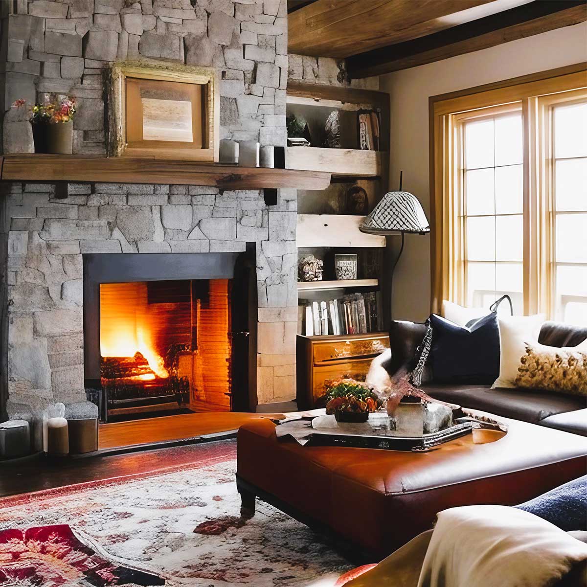 Comfortable and warm living room with fireplace surrounded by stone, leather ottoman, decorated shelves and mantel.