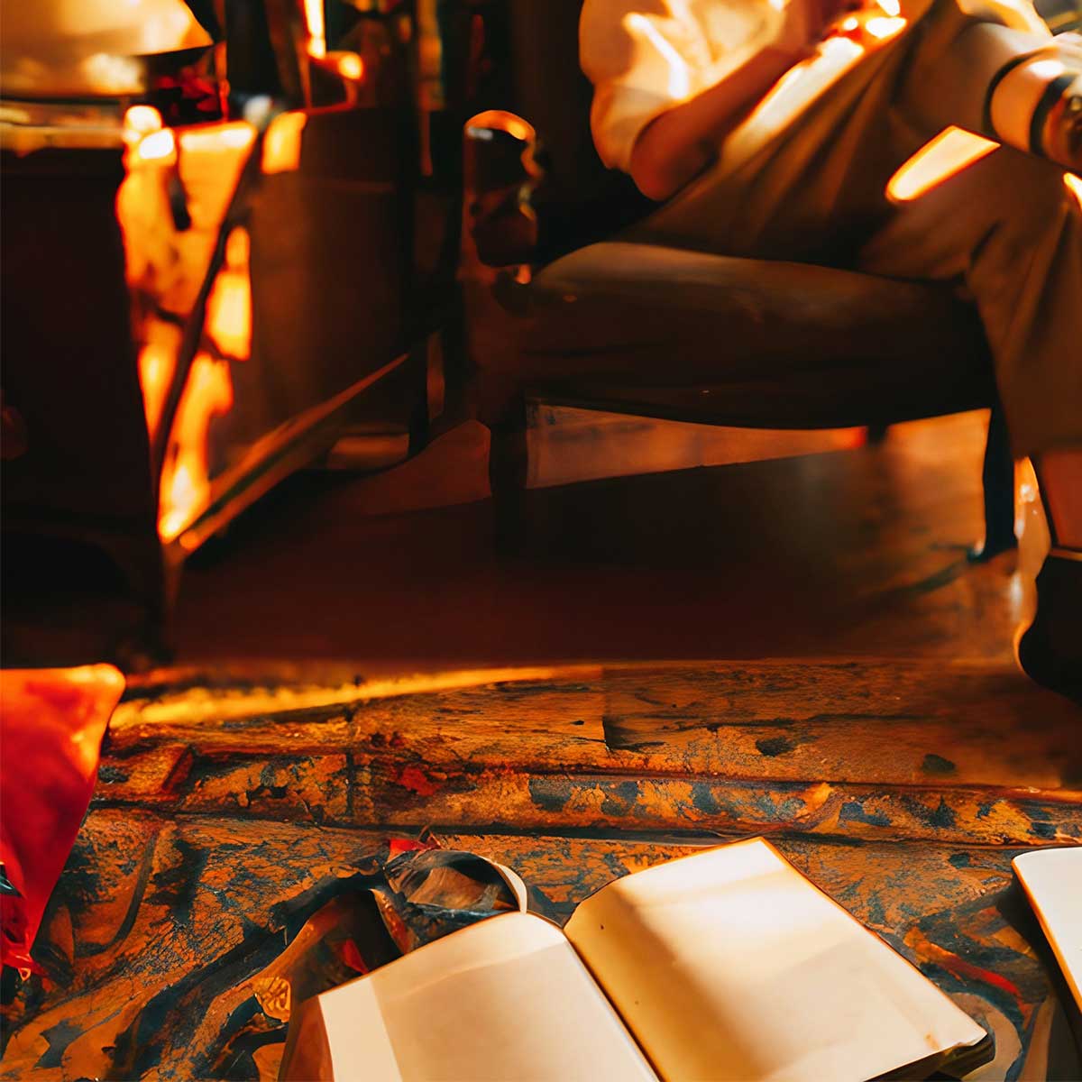 Person relaxing in living room with warm sunlight providing a golden glow.