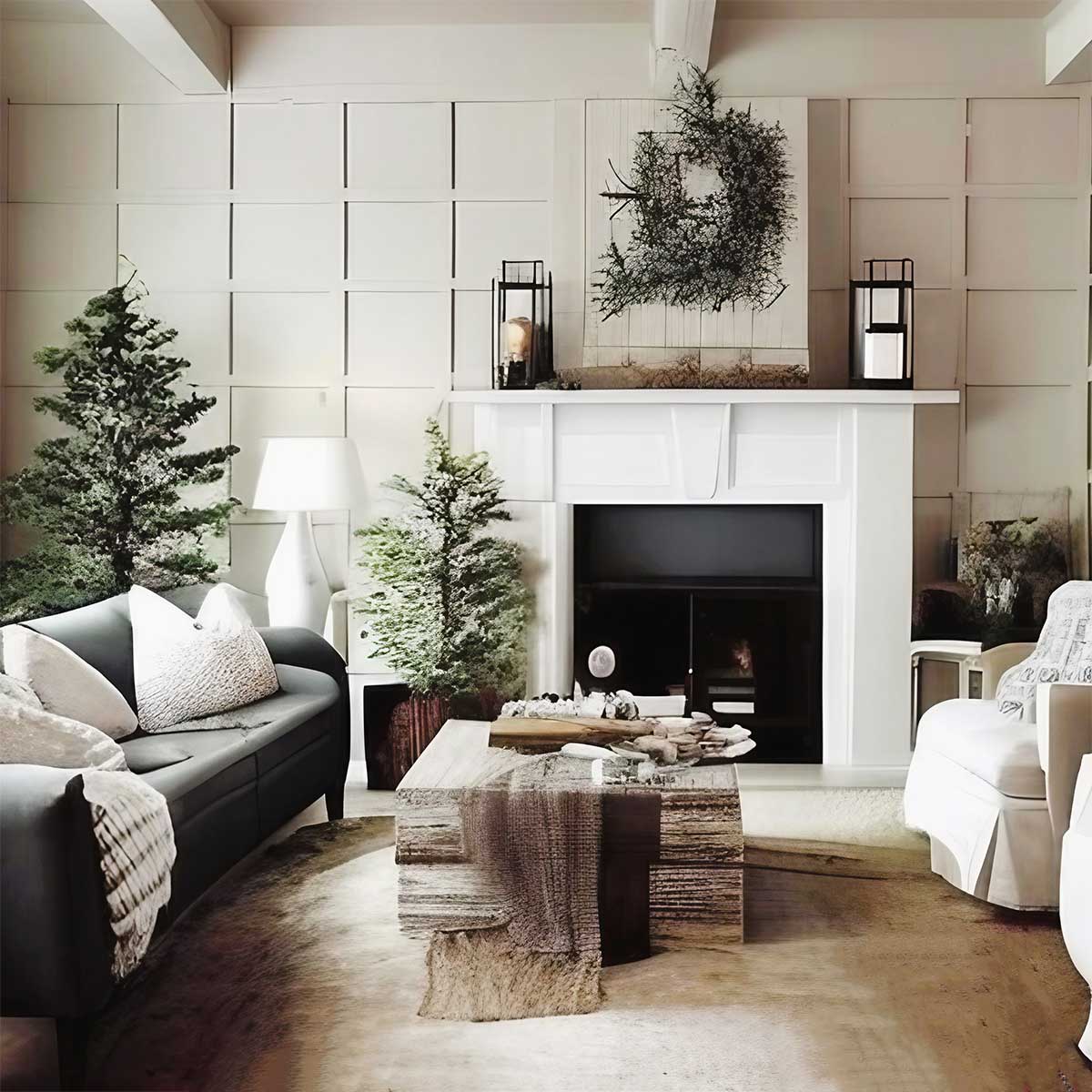 Cozy minimalist living room with neutral furniture, indoor pine tree decor, and white walls decorated in a square pattern of wood pieces.