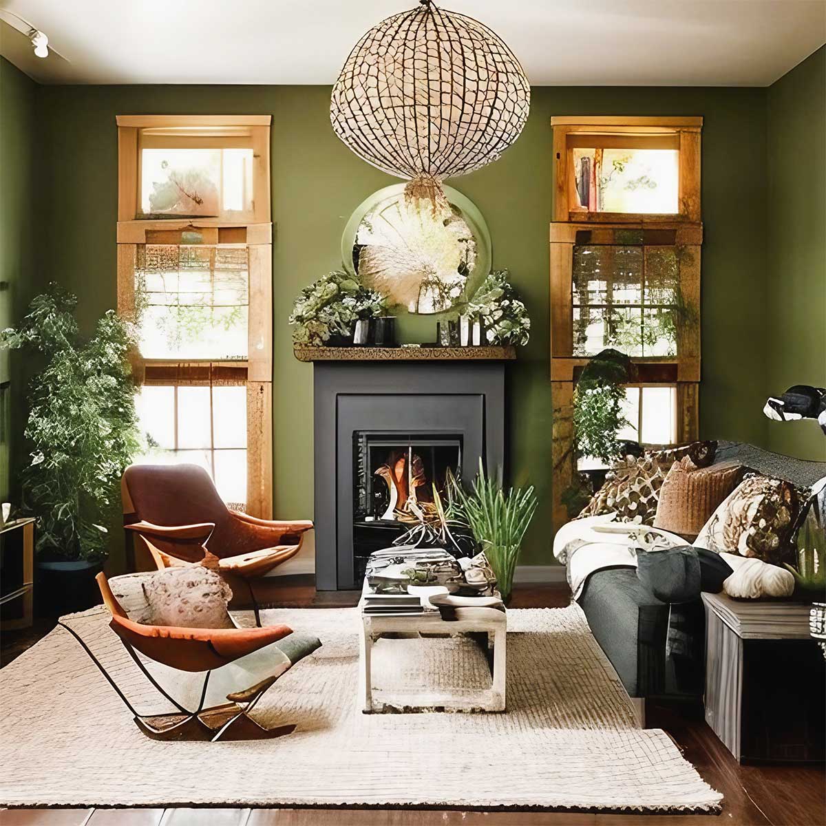 Comfortable green living room with wood-framed windows, several plants, and cozy furniture and soft rug in front of fireplace.