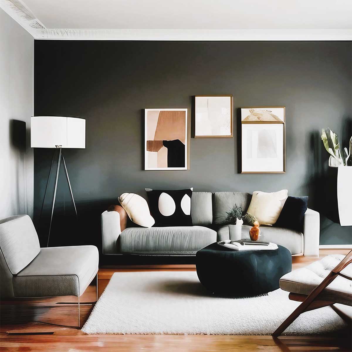 Minimalist living room with calm gray walls and furniture with simple accessories.