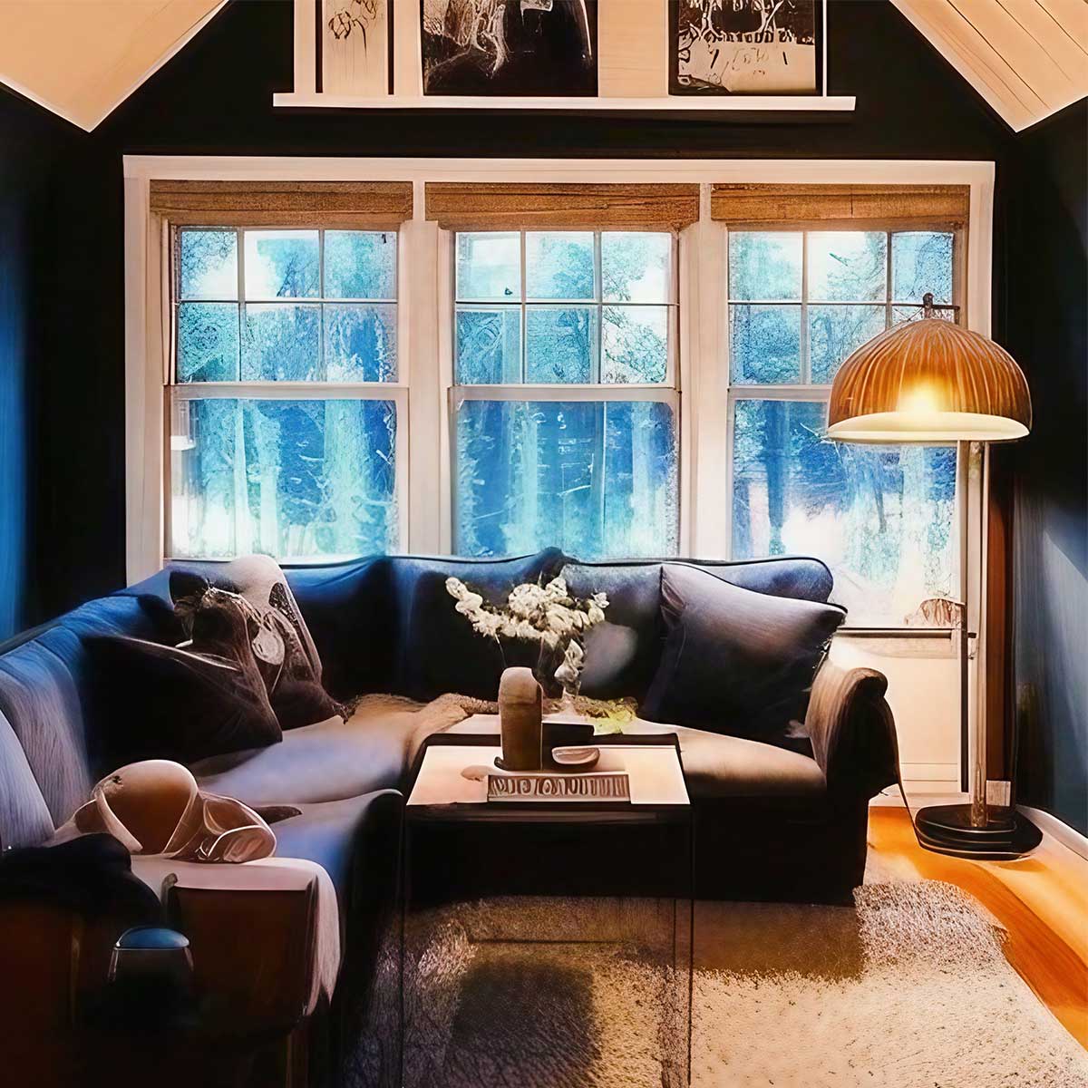 Small living room with dark blue walls and sectional sofa and minimalist decor.