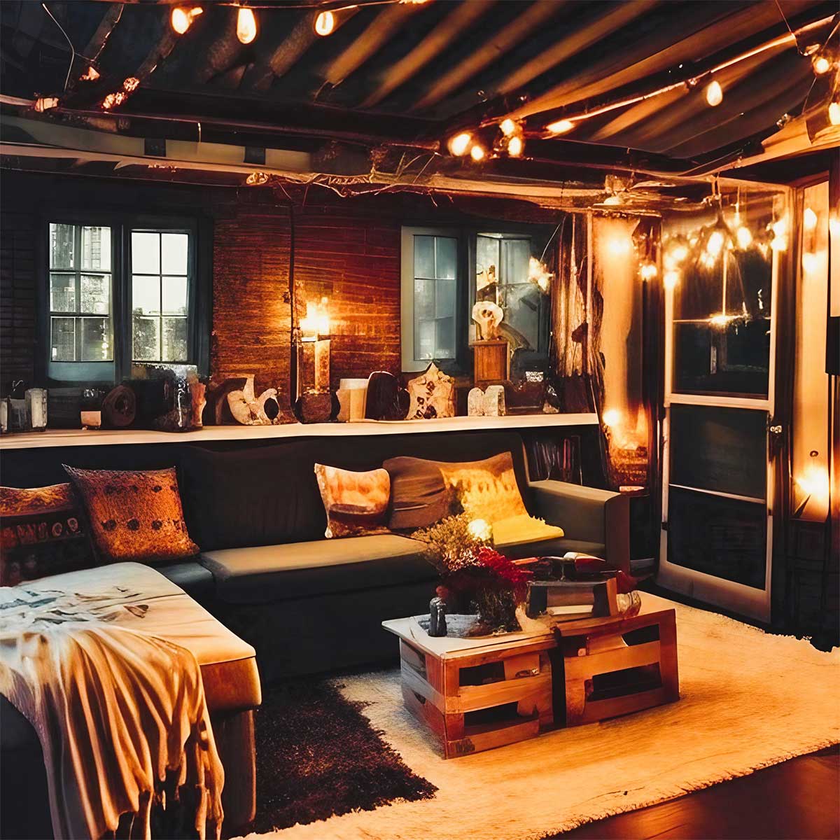 Junkyard chic living room in dark colors with warm and cozy lighting.
