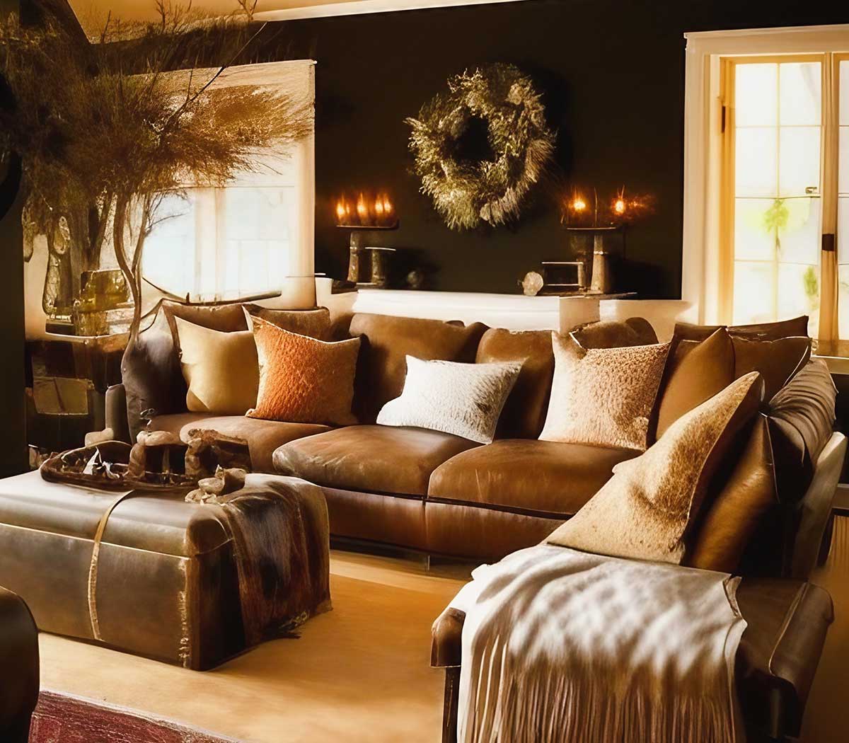 Living room with leather couch and cozy decor.