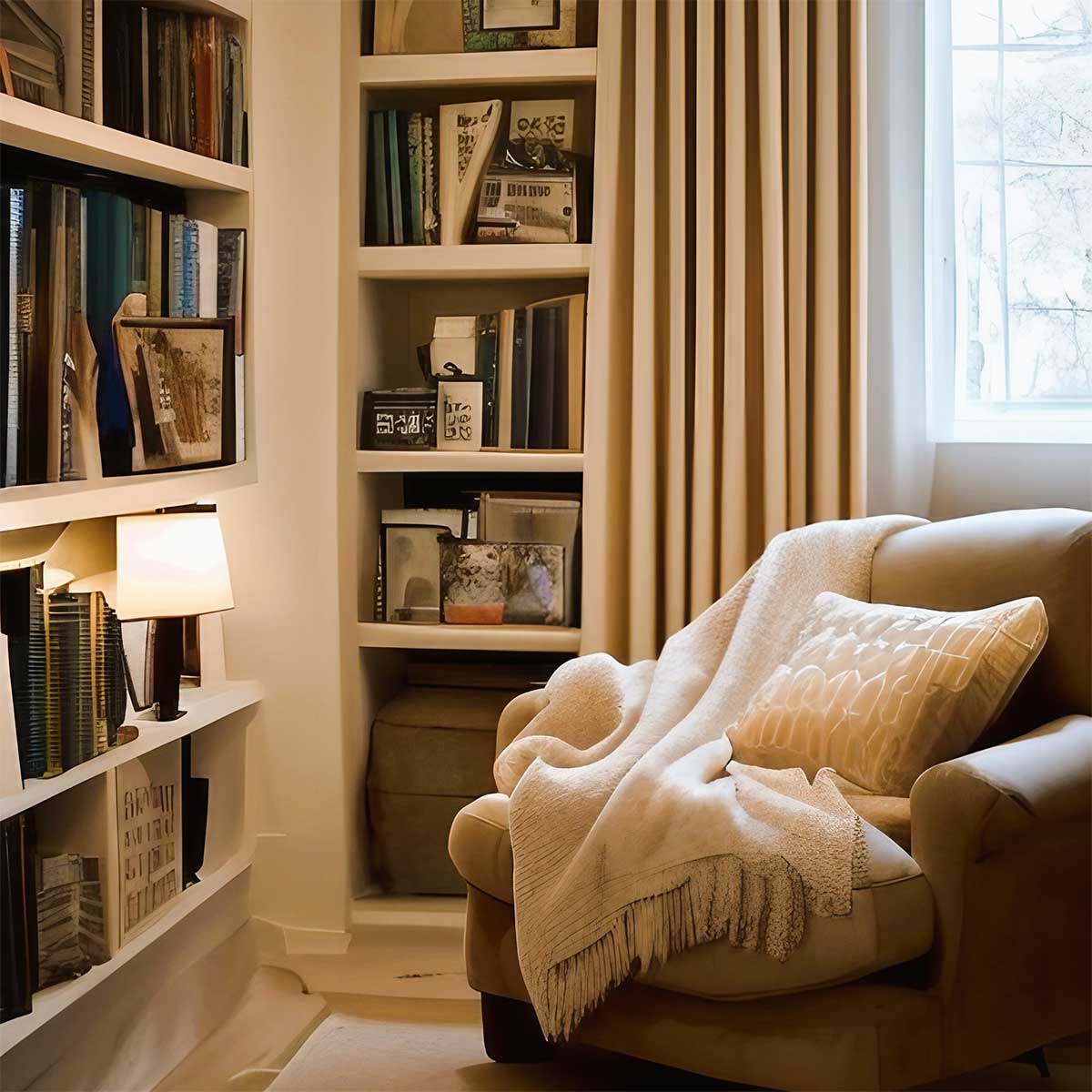 Cozy reading nook with comfy chair and soft blanket and pillow in neutral colors.