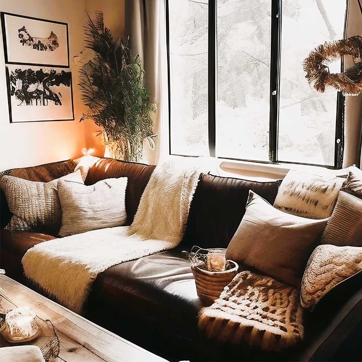 Leather couch with cozy textured blankets and pillows in front of window with winter view.