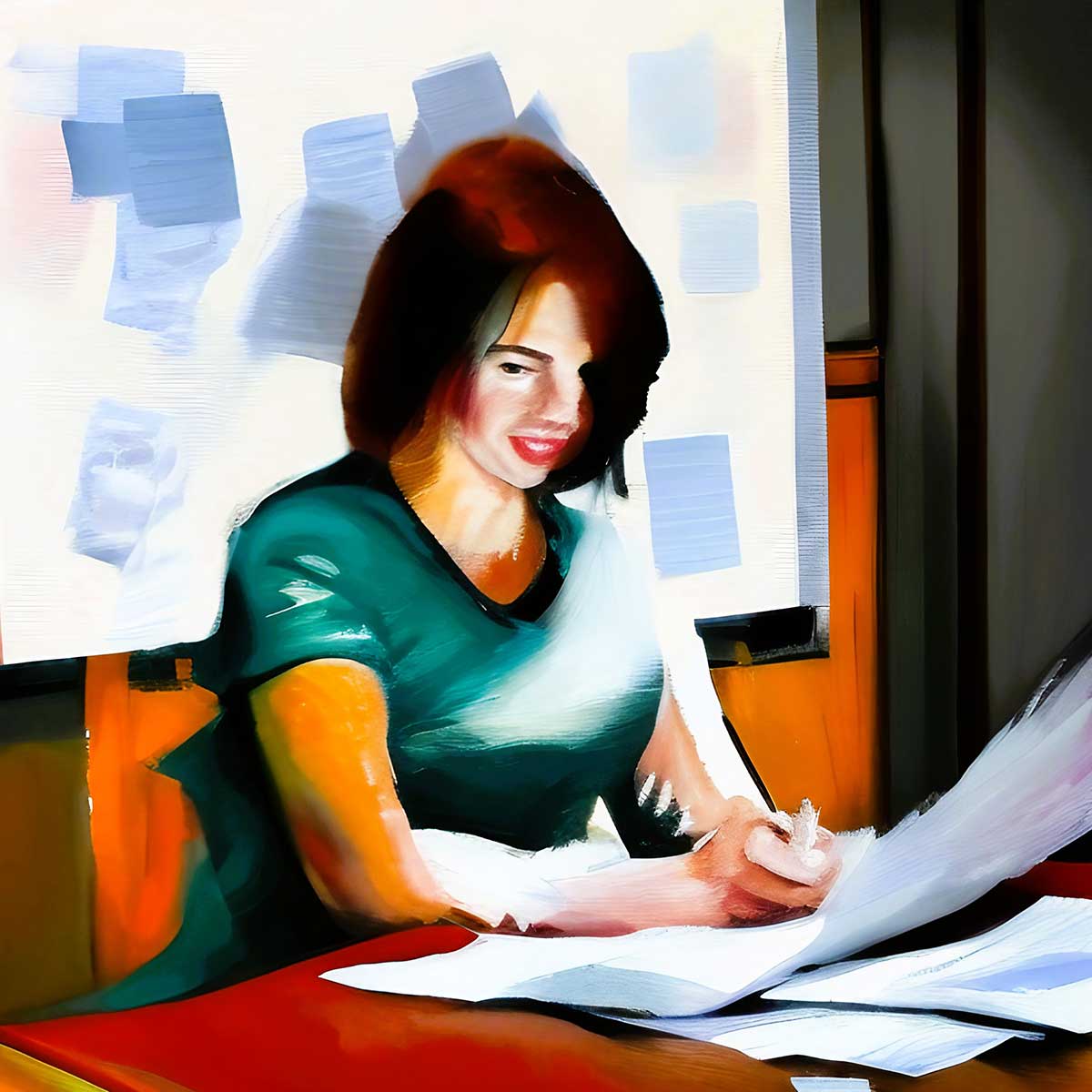 Illustration of woman working at desk.