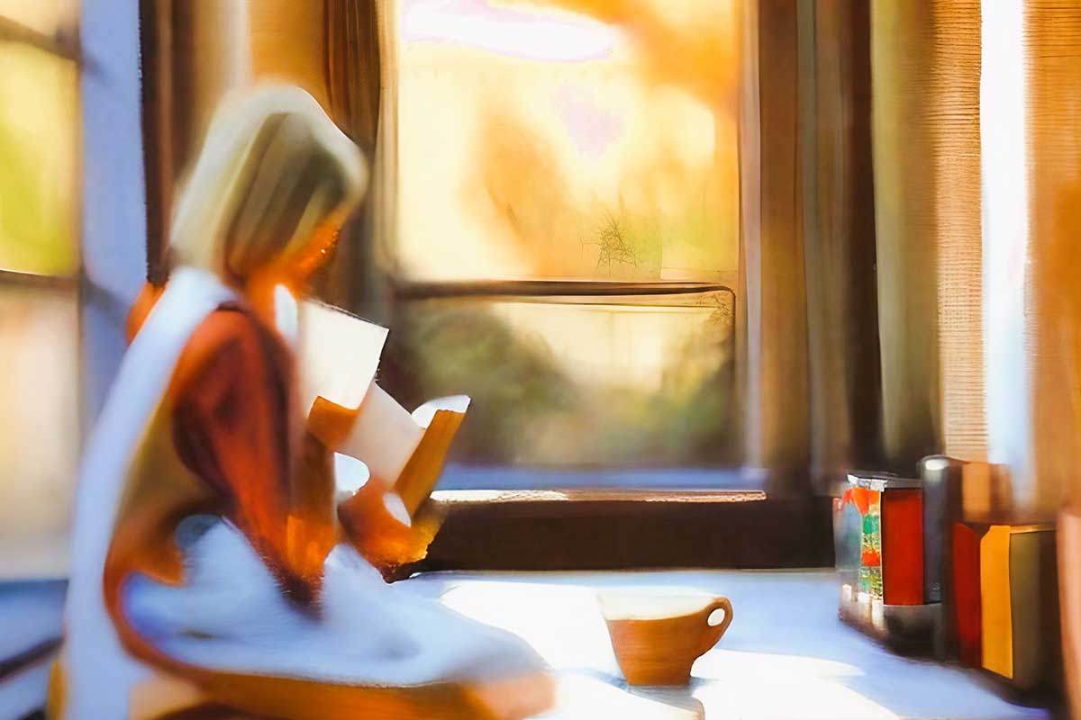 Impressionist illustration depicting a woman reading in a sunny nook as part of her daily routine.