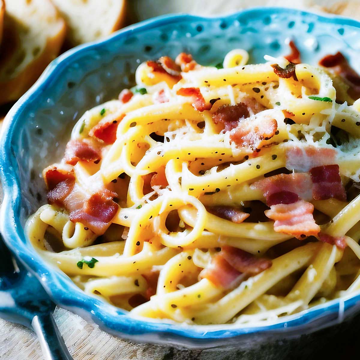 Pasta carbonara in ceramic turquoise bowl.