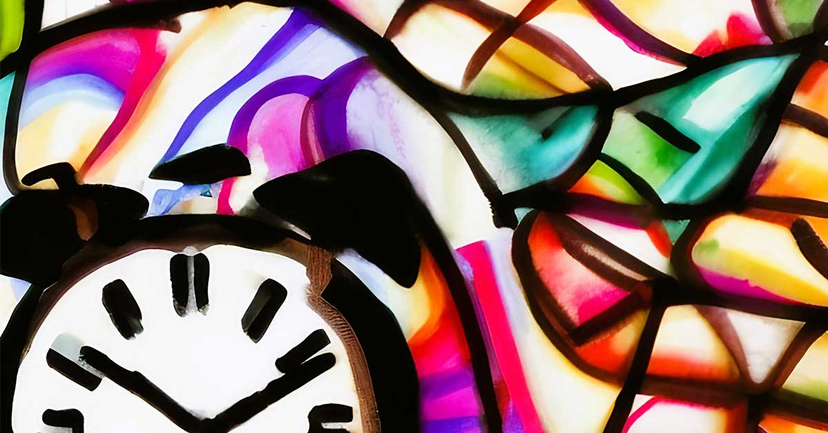 Illustration of clock face in front of a colorful background resembling stained glass.