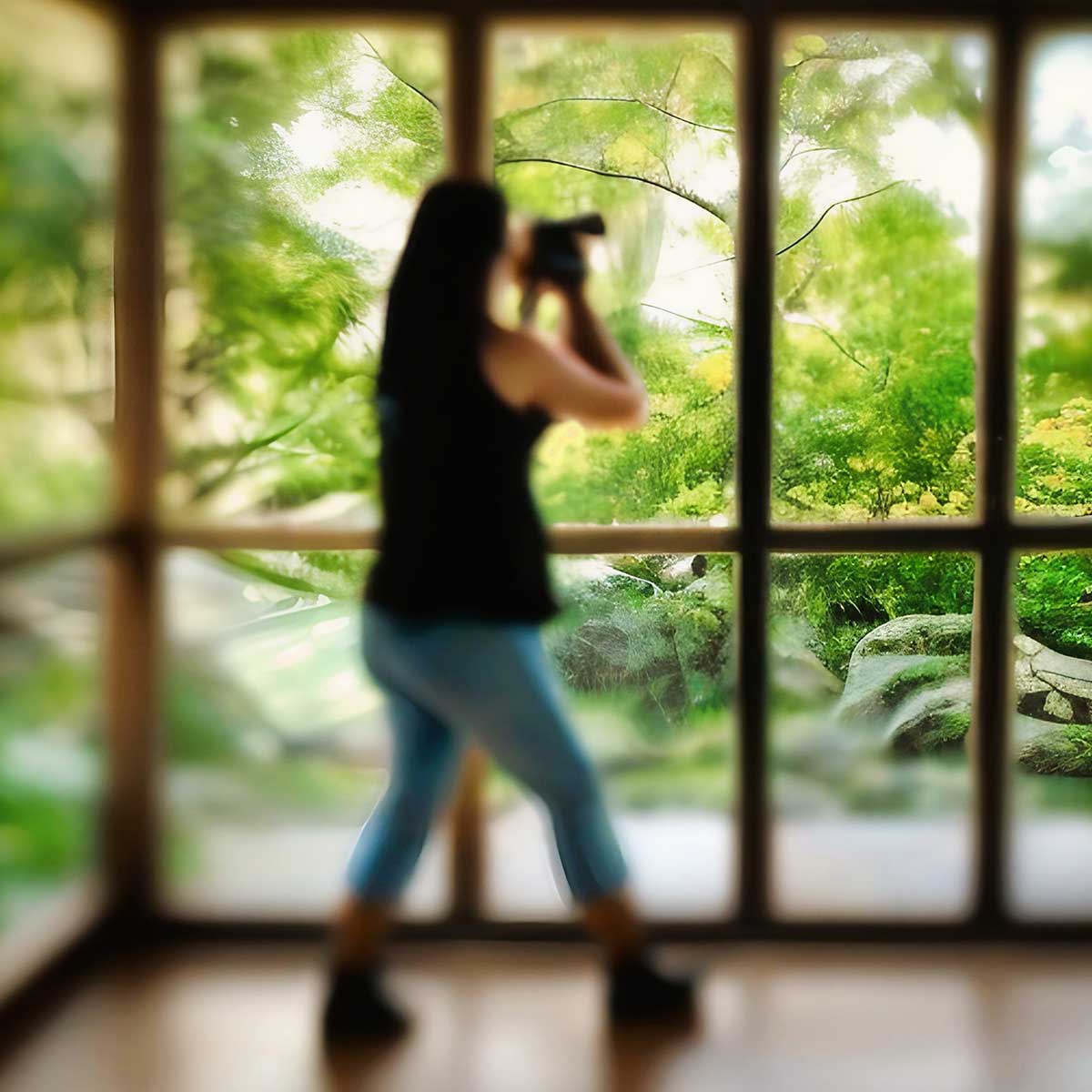 Blurred action image of woman holding up camera and taking pictures of the outdoors from a porch with many windows.