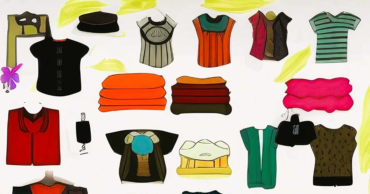 Illustration of individual clothing pieces on white background representing an organized wardrobe.