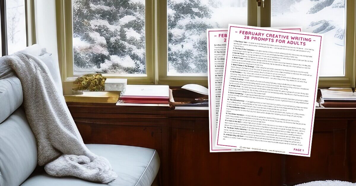 Mockup of printable February creative writing prompts over background of writing space with comfortable chair and cozy throw with a winter view out windows.