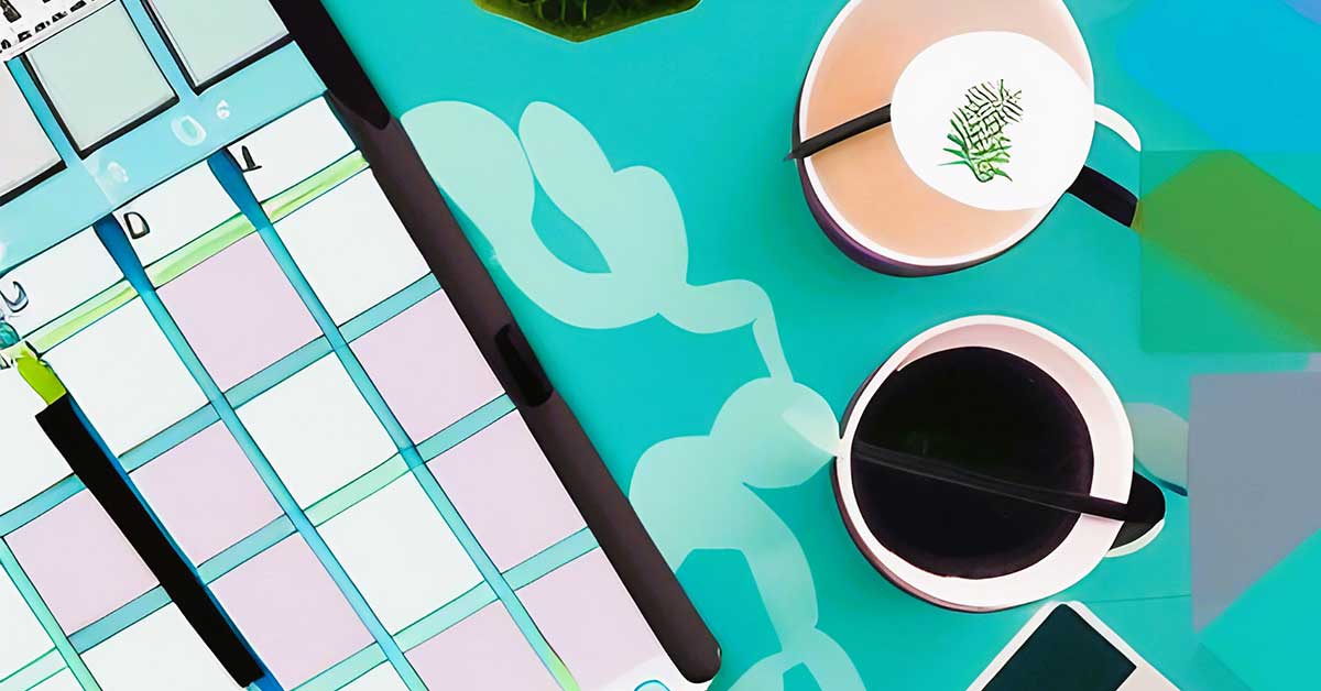 Illustration representing daily routine planning with a grid-style planning page and coffee cup on turquoise background.