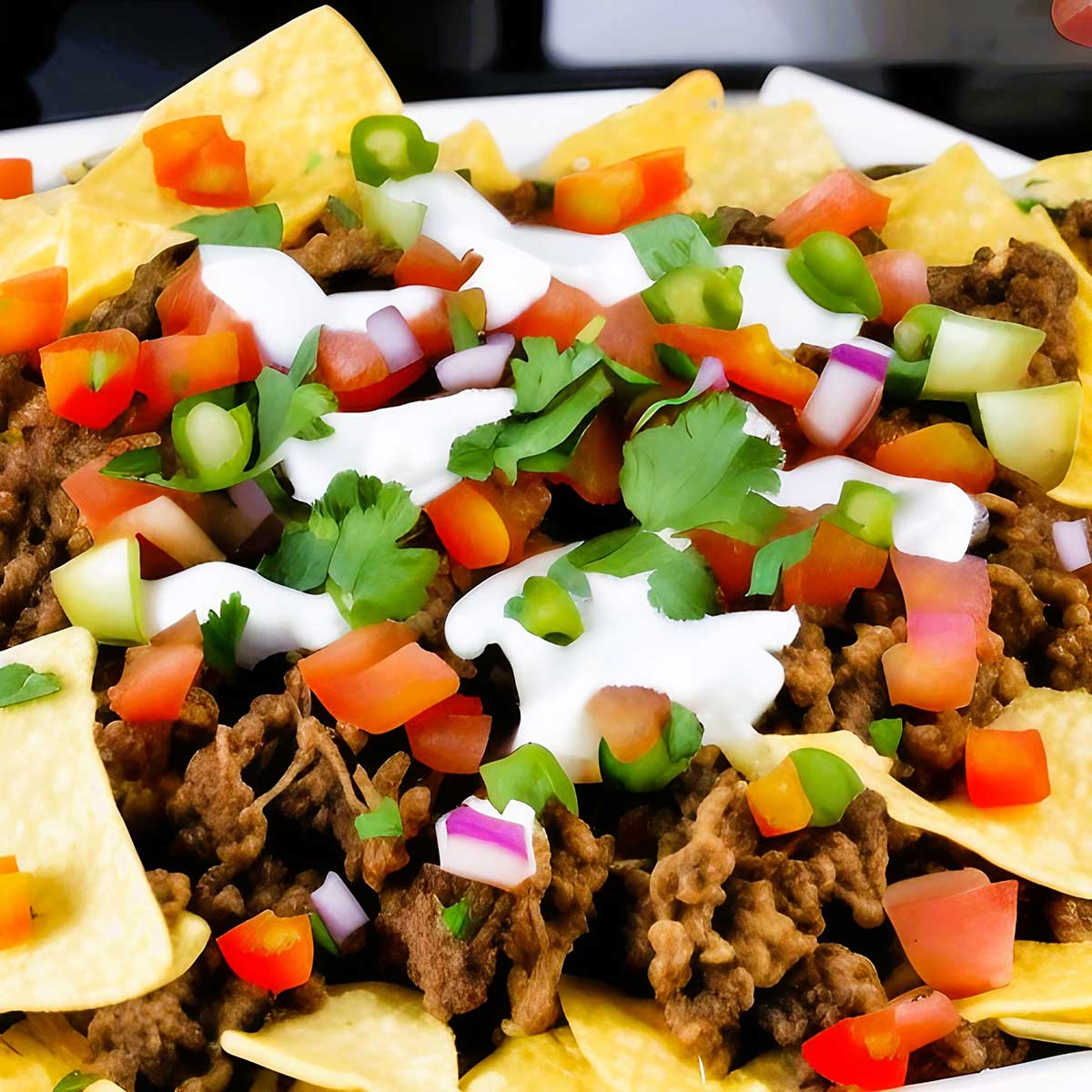 Plate of finished nachos with seasoned ground beef, peppers, onions, sour cream.