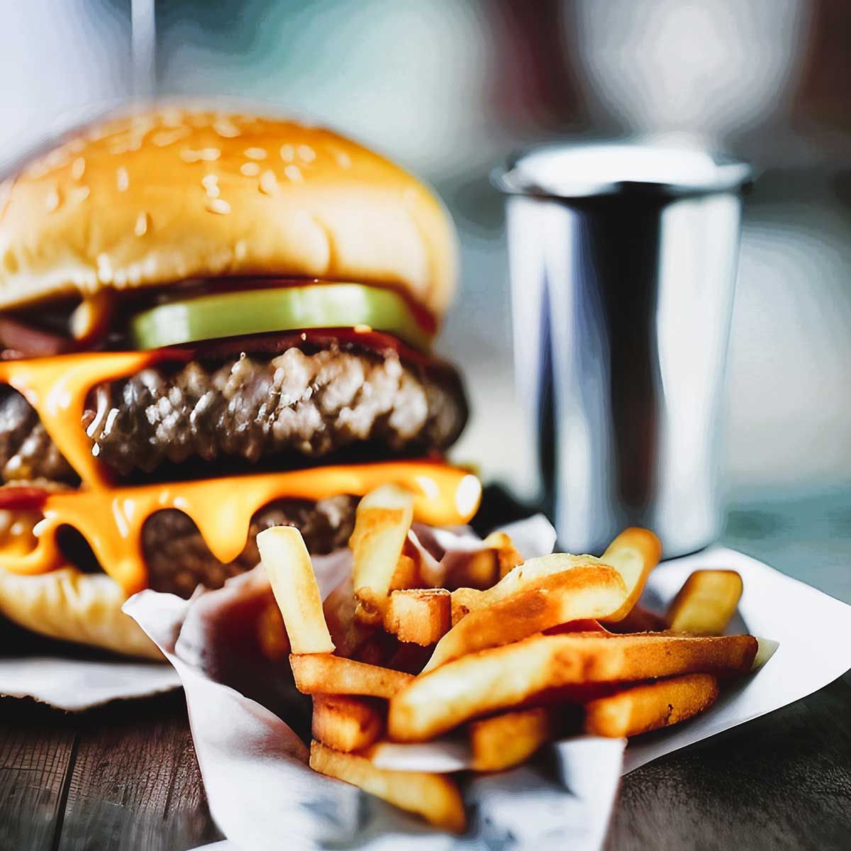 Stylized detailed composition of cheeseburger and french fries on wood table with blurred background.