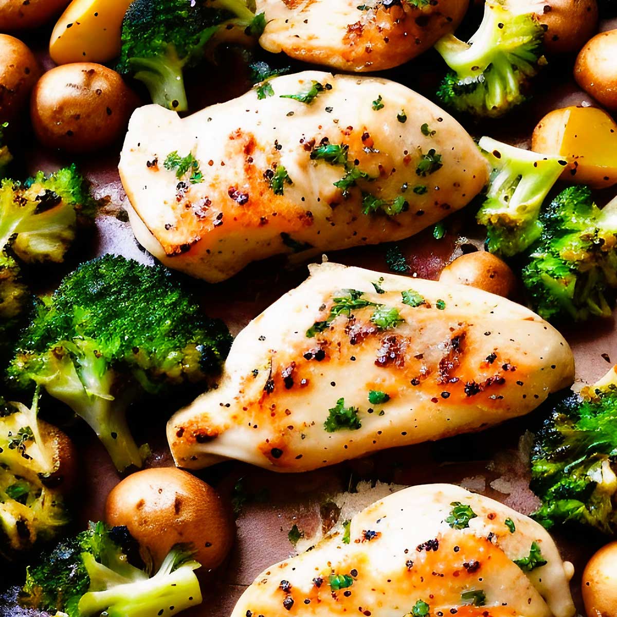Sheet pan dinner of chicken breasts, broccoli, and potatoes.