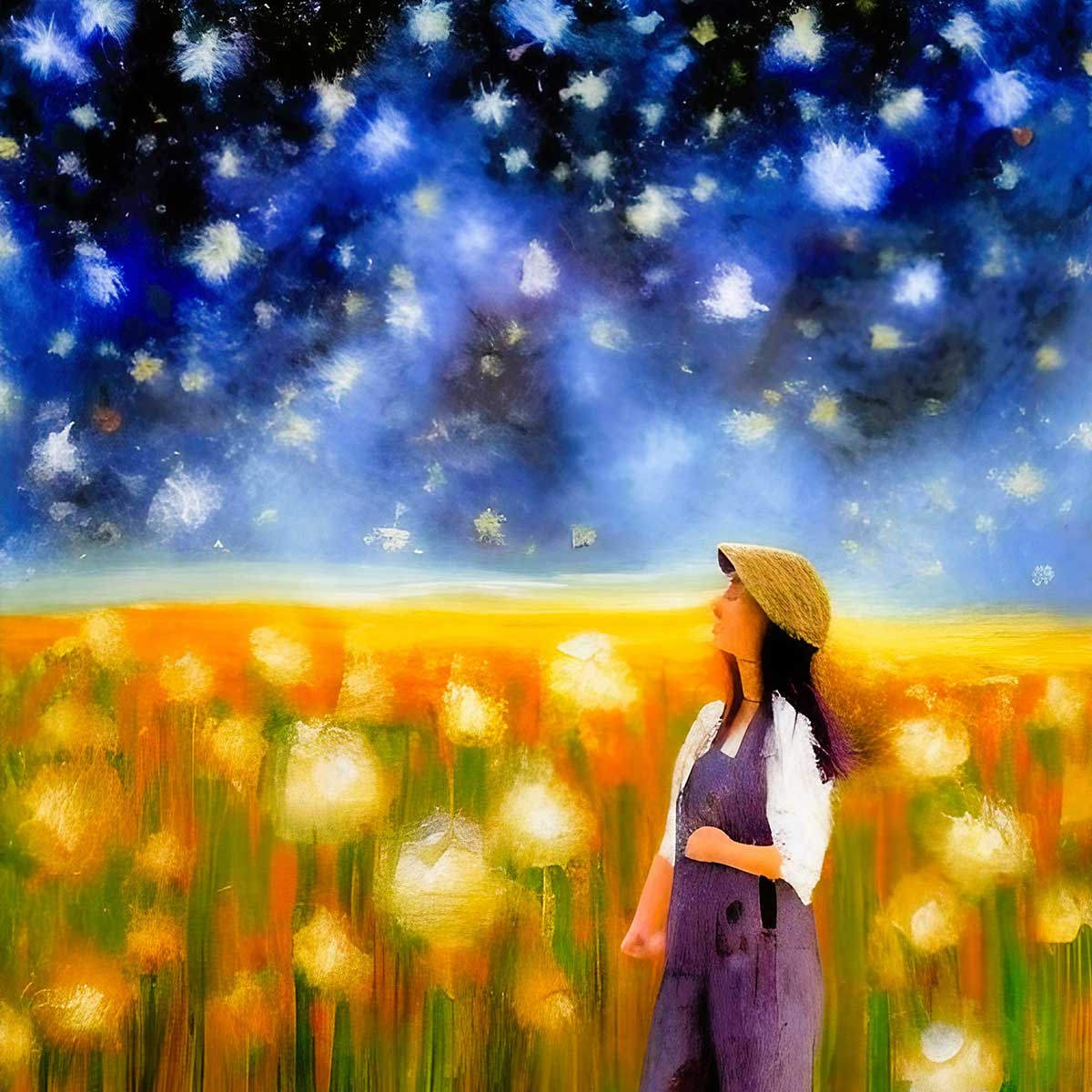 Illustration of woman standing in field under a starry sky.