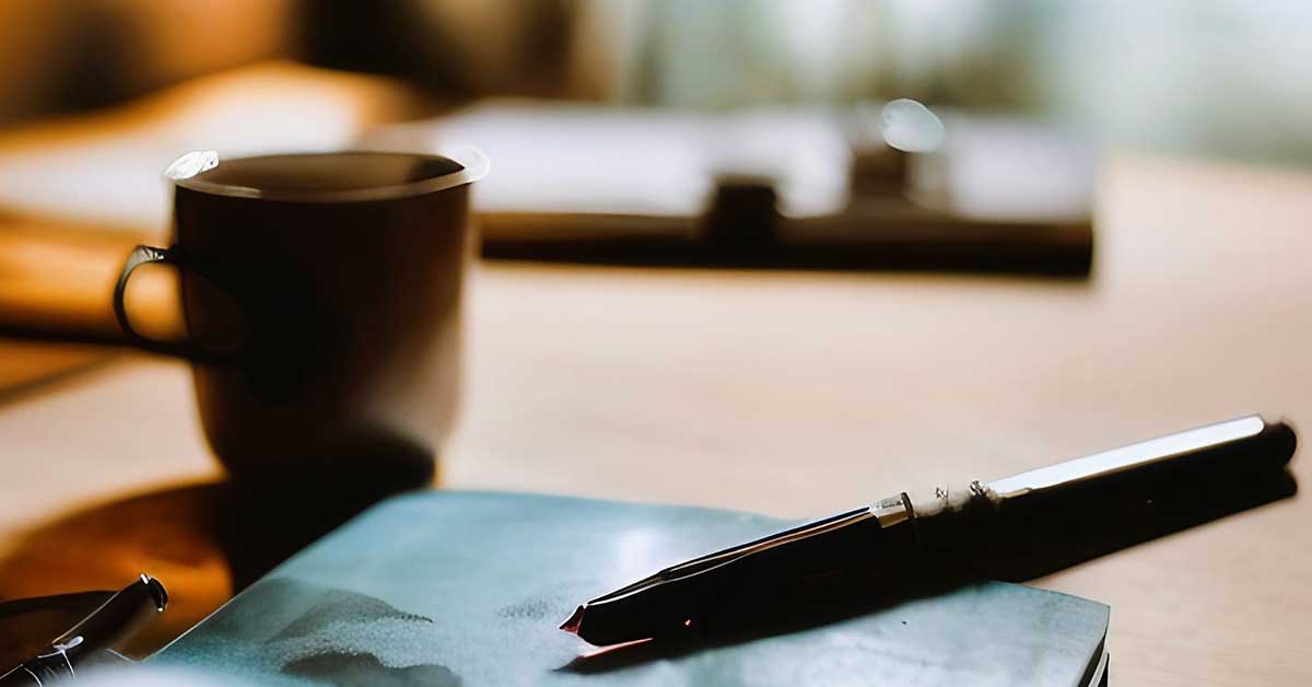 Journal and pen in foreground with blurred background of coffee mug on desk.